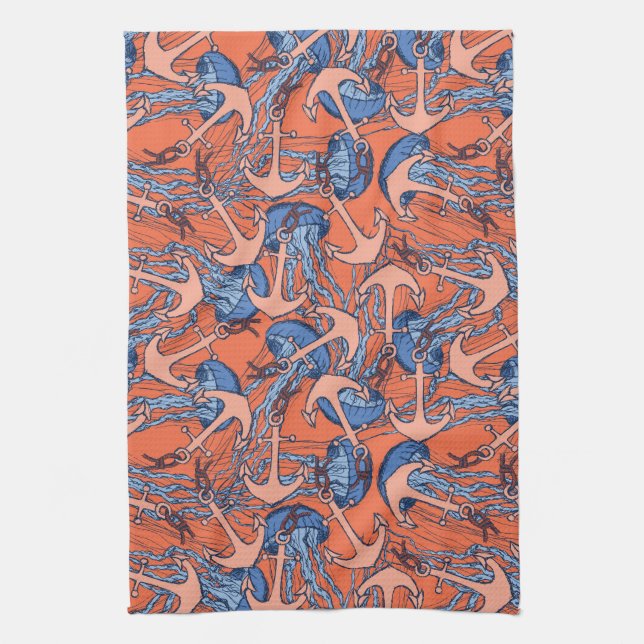 Anchor And Jellyfish Pattern Kitchen Towel (Vertical)