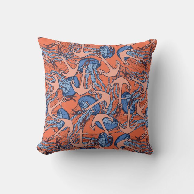 Anchor And Jellyfish Pattern Throw Pillow (Front)