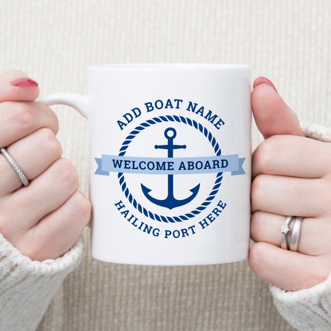 Anchor and rope border boat name welcome aboard coffee mug (Creator Uploaded)