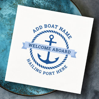 Anchor and rope border boat name welcome aboard napkin