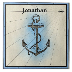 Anchor and Rope with a Map Design, Nautical Tile