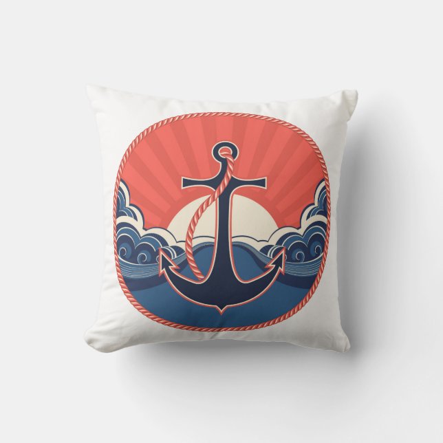 Anchor And Sea Wave Pattern Throw Pillow (Front)