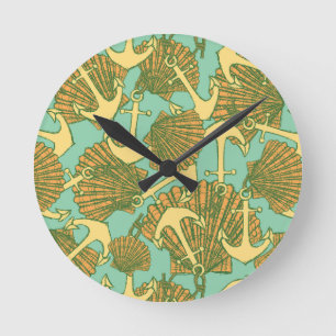 Anchor And Shells In Vintage Style Pattern Round Clock