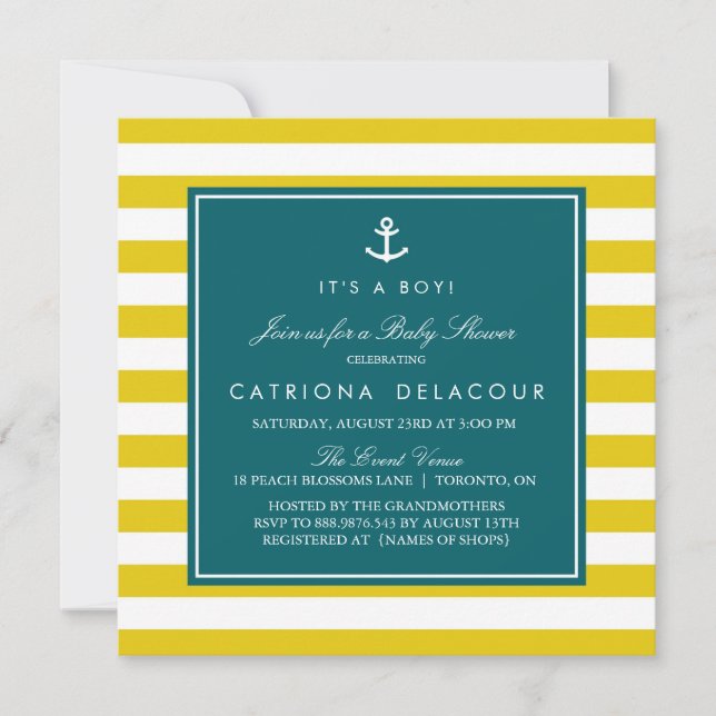 Anchor and Stripes | Mustard and Teal Baby Shower Invitation (Front)