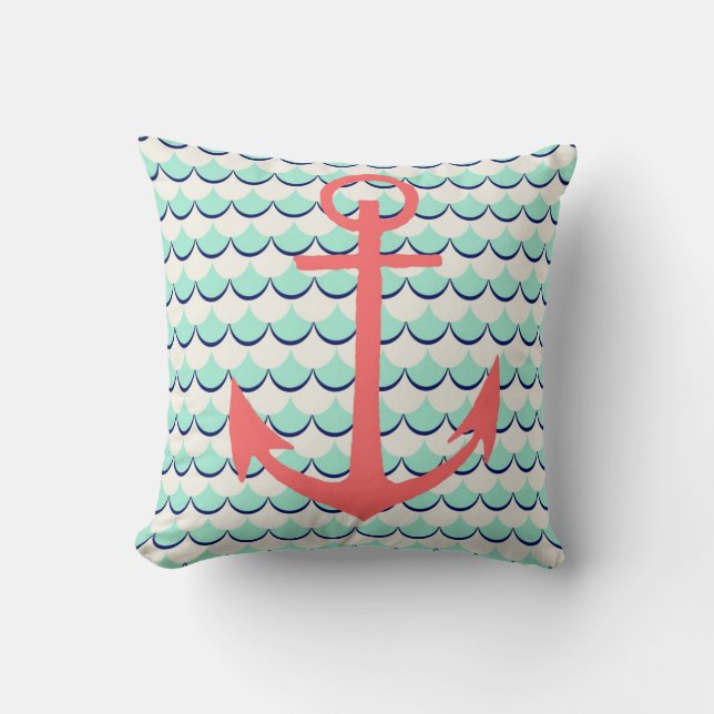 Anchor and Waves Throw Pillow (Front)