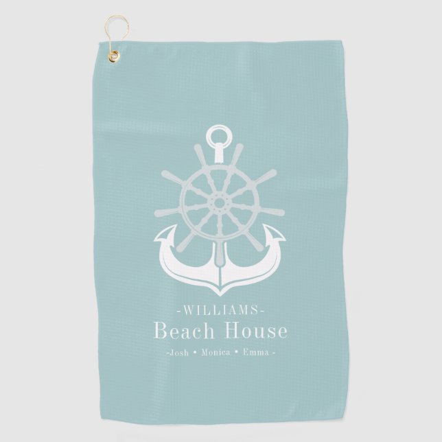 Anchor Beach House Family Name Teal Golf Towel (Front)