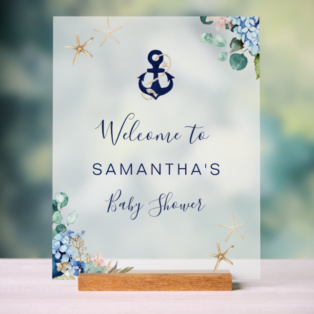 Anchor Beach Nautical Floral Baby Shower Welcome Acrylic Sign (Neutral)