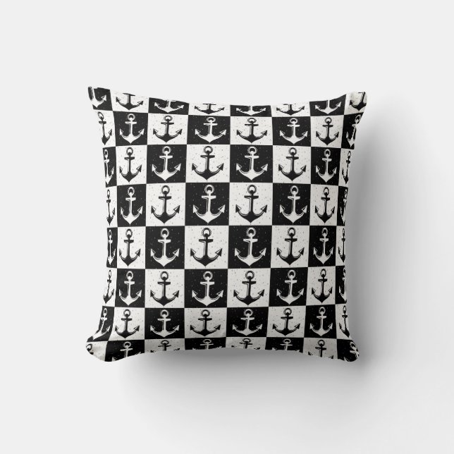 Anchor Black White Chequered Block Pattern Throw Pillow (Front)