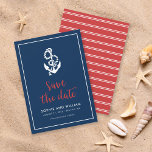 Anchor Blue and Red Script Save the Date<br><div class="desc">Stylish Nautical Save the Date featuring an anchor and the words "save the date" in a stylish red script against a blue background with a white border. Card has a white stripes pattern against a red background back side. Check out other wedding items here https://www.zazzle.com/rosewoodandcitrus/gifts?cg=196540141241316965&rf=238364477188679314 Personalize it by replacing the...</div>
