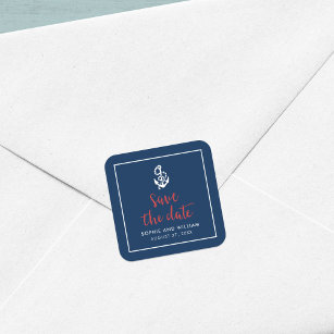 Anchor Blue and Red Script Save the Date Square Sticker