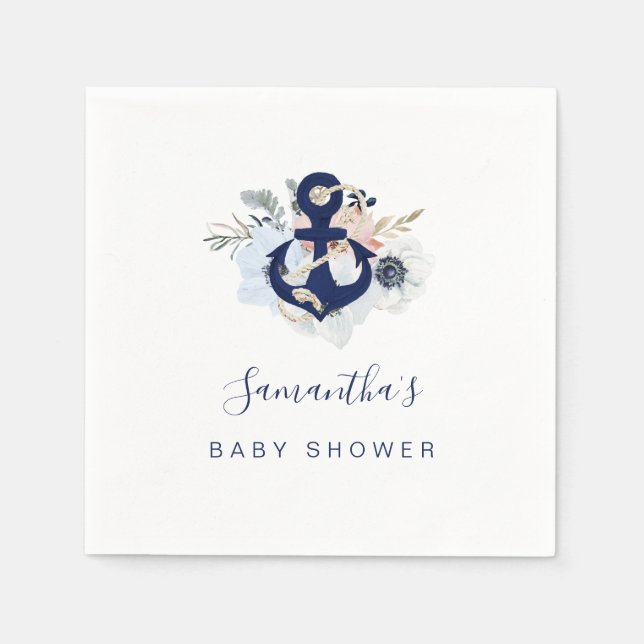 Anchor Blue Beach Nautical Floral Baby Shower Napkin (Front)