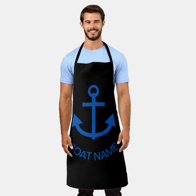 Anchor Blue Personalized Your Boat Name Black Apron (Worn)
