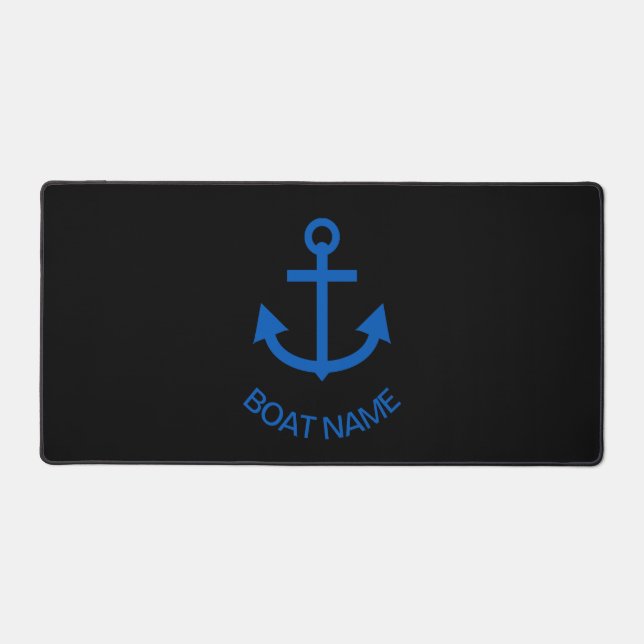 Anchor Blue Personalized Your Boat Name Black Desk Mat (Front)