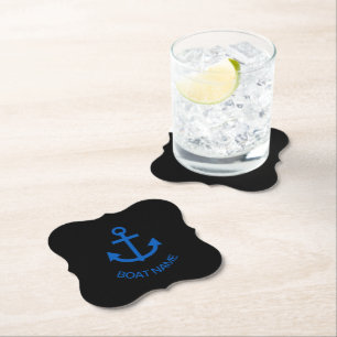 Anchor Blue Personalized Your Boat Name Black Paper Coaster