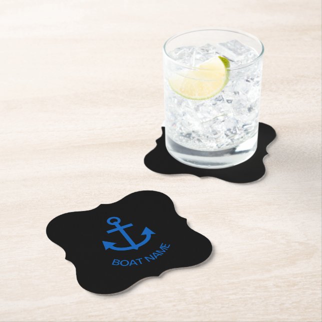 Anchor Blue Personalized Your Boat Name Black Paper Coaster (Insitu)