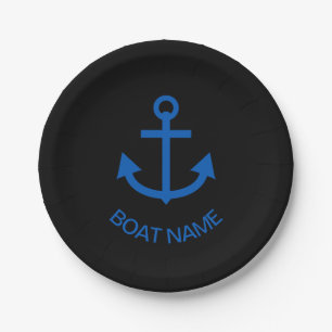 Anchor Blue Personalized Your Boat Name Black Paper Plate