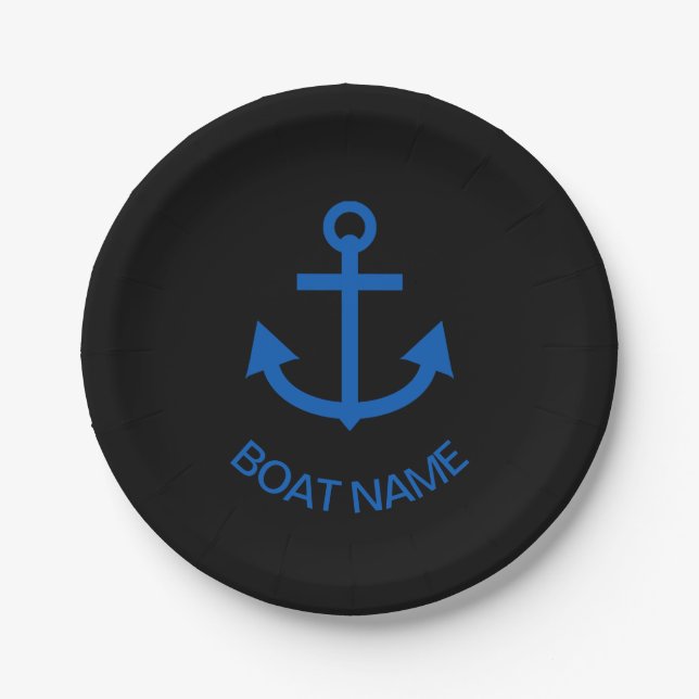 Anchor Blue Personalized Your Boat Name Black Paper Plate (Front)