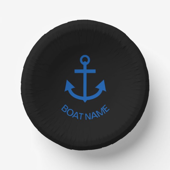 Anchor Blue Personalized Your Boat Name Black Paper Plate (Front)