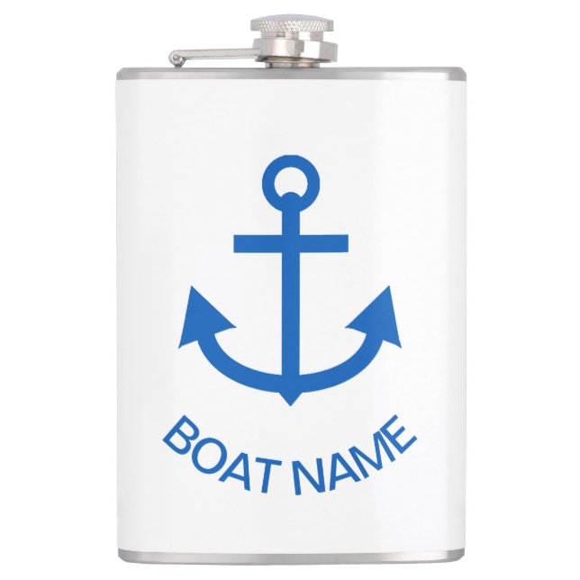 Anchor Blue Personalized Your Boat Name Hip Flask (Front)