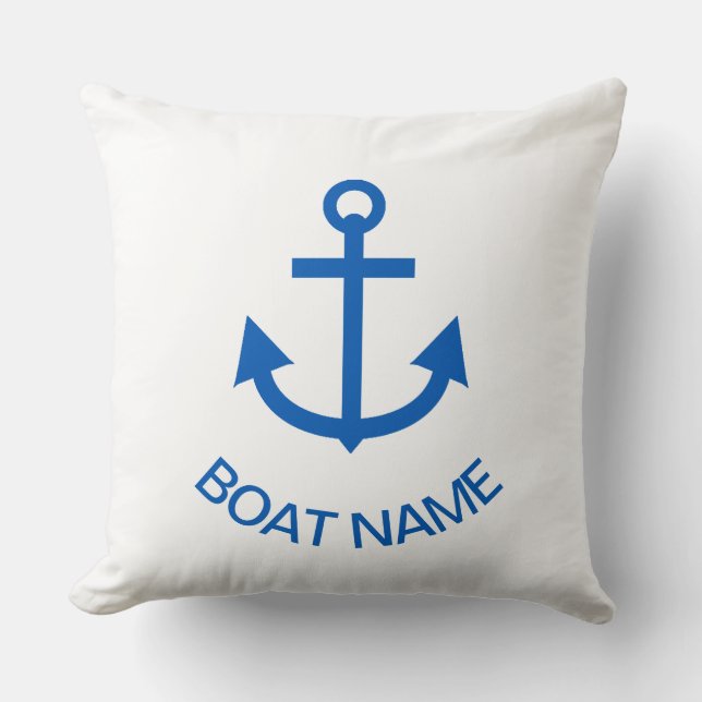 Anchor Blue Personalized Your Boat Name Throw Pillow (Front)