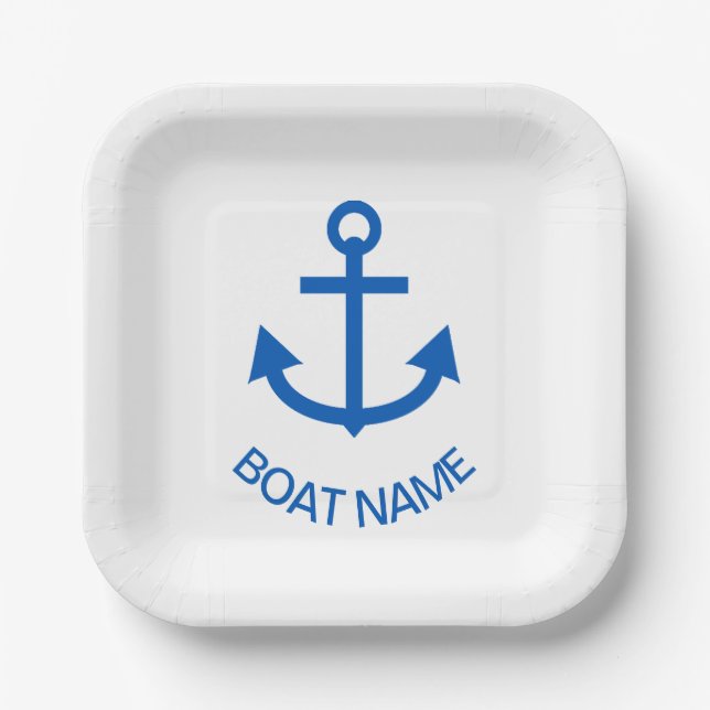 Anchor Blue Personalized Your Boat Name White Paper Plate (Front)