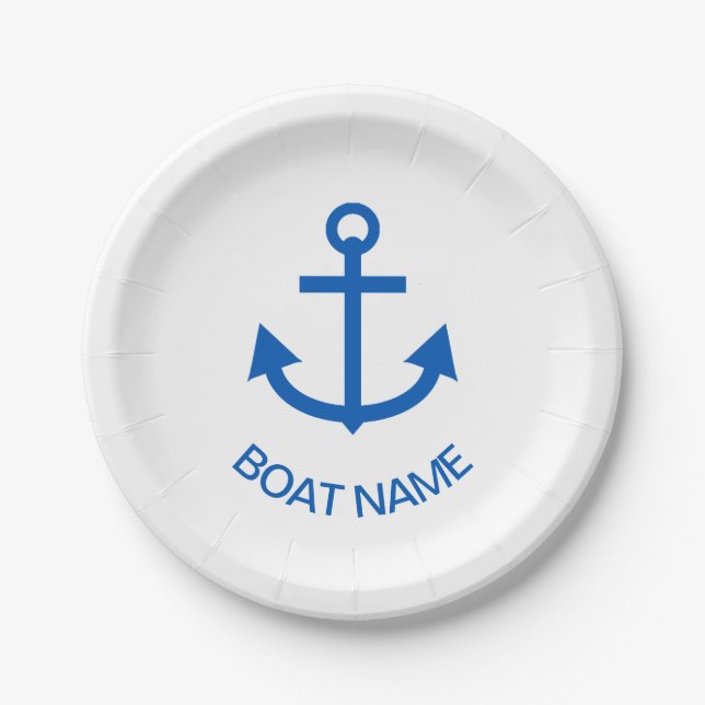 Anchor Blue Personalized Your Boat Name White Paper Plate (Front)