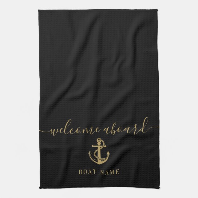 Anchor Boat Name Black And Gold Welcome Aboard Kitchen Towel (Vertical)