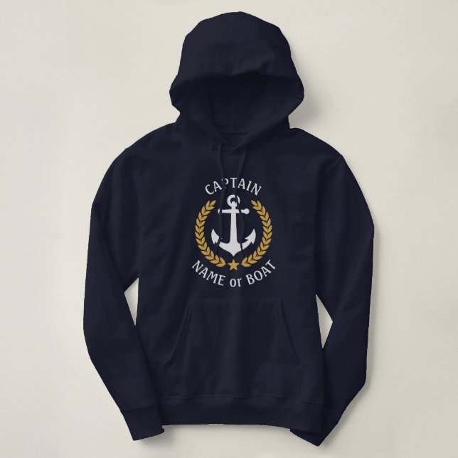 Anchor Boat Name Captain Navy Blue Gold Laurel Hoodie (Design Front)