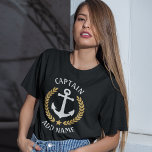Anchor Boat or Captain Name Gold Laurel Star Black T-Shirt<br><div class="desc">A custom designed nautical boat anchor,  gold style laurel leaves and a gold star with Captain rank or other title and your personalized name or boat name on a women's T-shirt. Several colours to choose from. Makes a great gift.</div>
