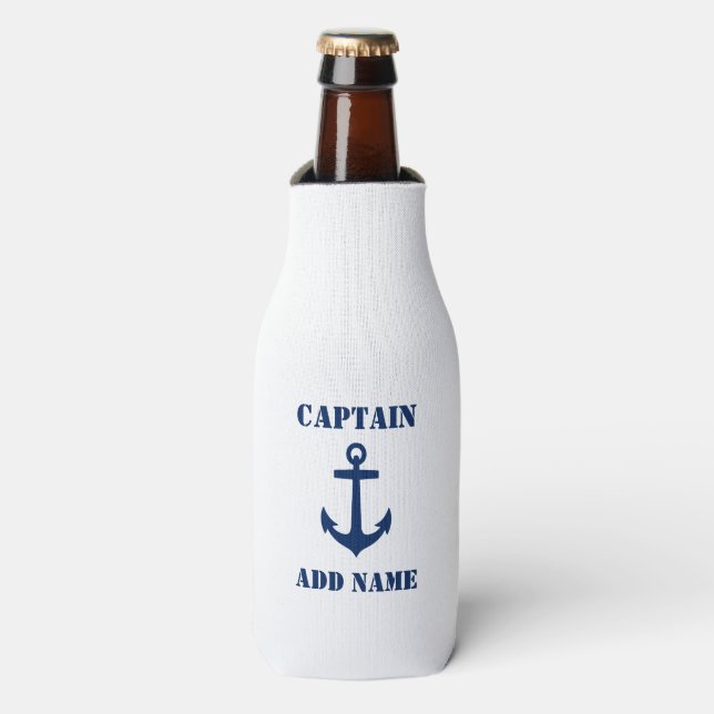 Anchor Captain Add Name or Boat Name Blue & White Bottle Cooler (Bottle Front)