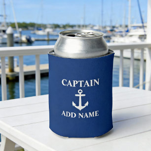 Anchor Captain Add Name or Boat Name Navy Blue Can Cooler