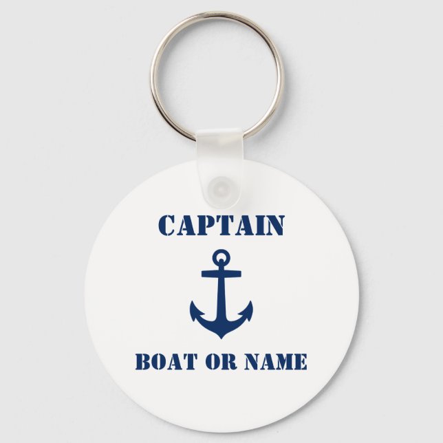 Anchor Captain Add Name or Boat Name Navy & White Keychain (Front)