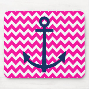Anchor Chevron Nautical Pink and Navy Mouse Pad