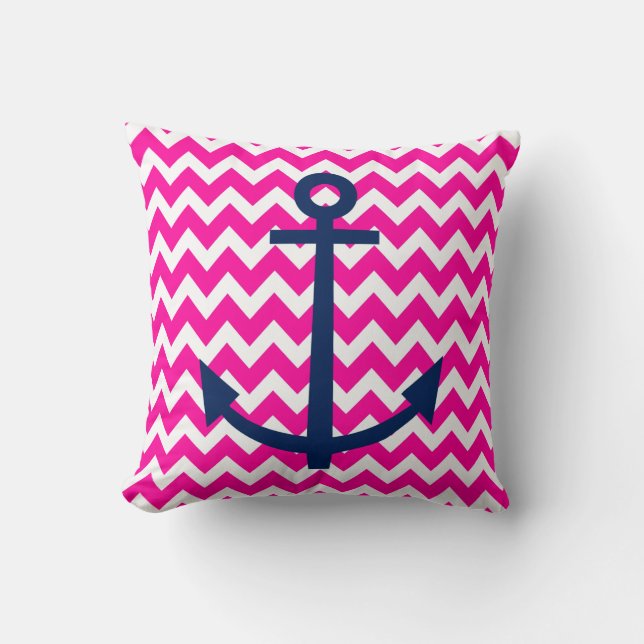 Anchor Chevron Nautical Pink and Navy Throw Pillow (Front)