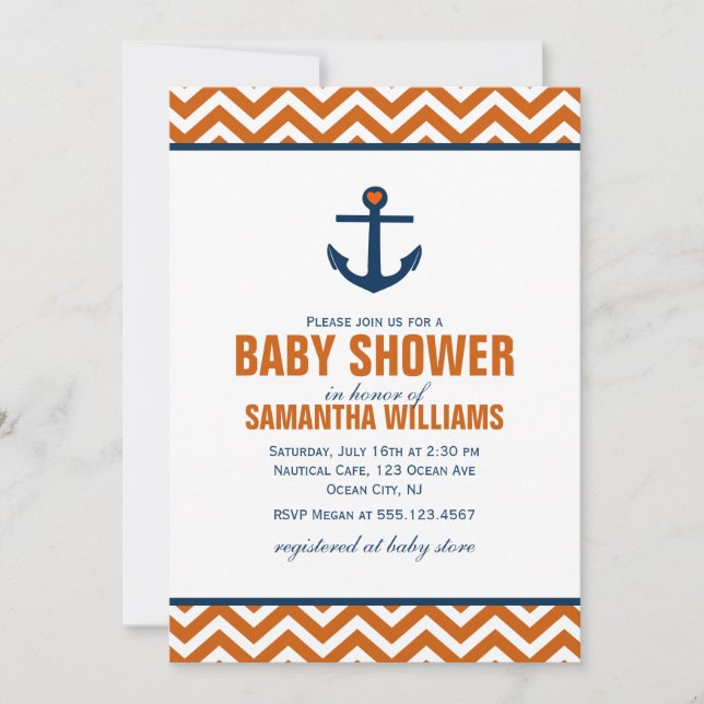 Anchor & Chevrons Nautical Baby Shower {tangerine} Invitation (Front)