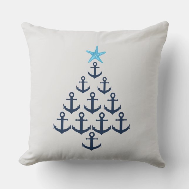 Anchor Christmas Tree Nautical Throw Pillow (Front)