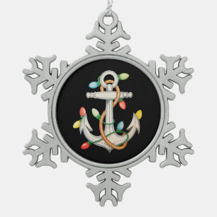 Anchor Christmas Xmas Lights Sailing Cruise Boat Snowflake Pewter Christmas Ornament