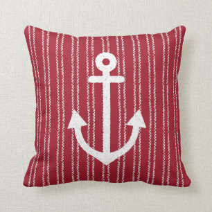 Anchor Coastal Striped Red Throw Pillow