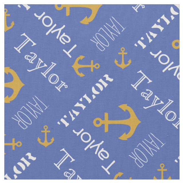 Anchor custom name gold blue nautical text fabric (Close Up)