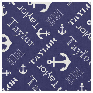 Anchor custom name navy blue nautical text fabric