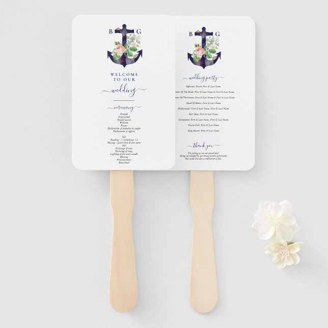Anchor Floral Nautical Summer Wedding Program Hand Fan (Front and Back)