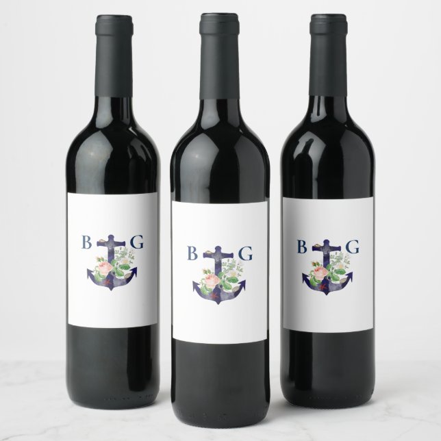 Anchor Floral Nautical Summer Wedding  Wine Label (Bottles)