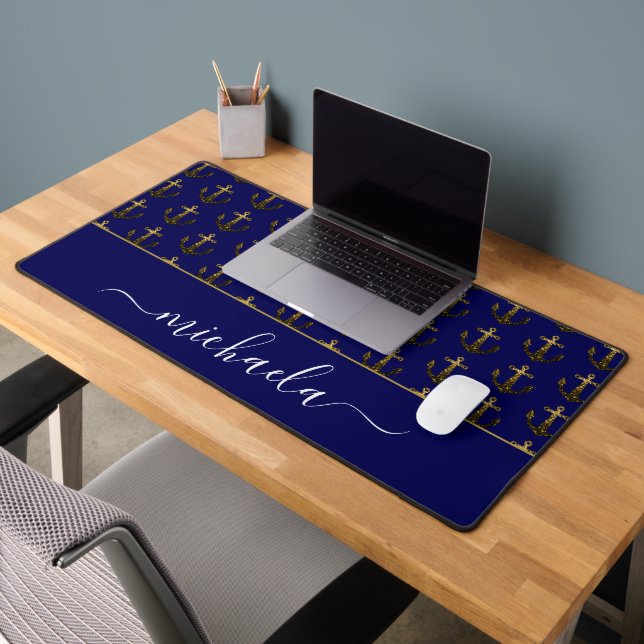 Anchor Gold faux sparkles navy blue Monogram name Desk Mat (Office 2)