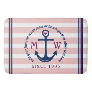 Anchor Heart Pink Stripes Nautical Monogram Logo Bath Mat
