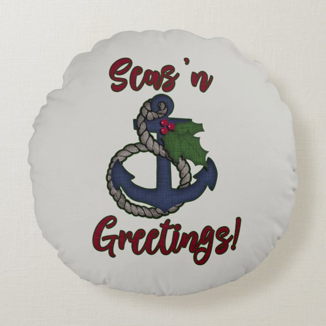 Anchor & Holly Leaves | Nautical Holiday Round Pillow (Front)