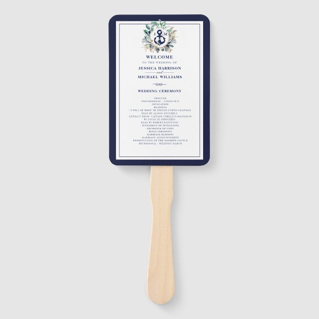 Anchor Monogram Greenery Wreath Navy Wedding Hand Fan (Front)