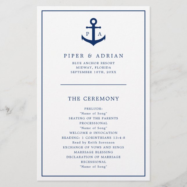 Anchor Monogram Nautical Budget Wedding Program (Front)