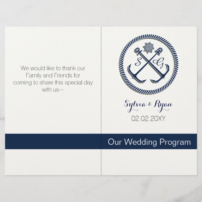 Anchor Monograms, Nautical wedding bifold programs (Front)