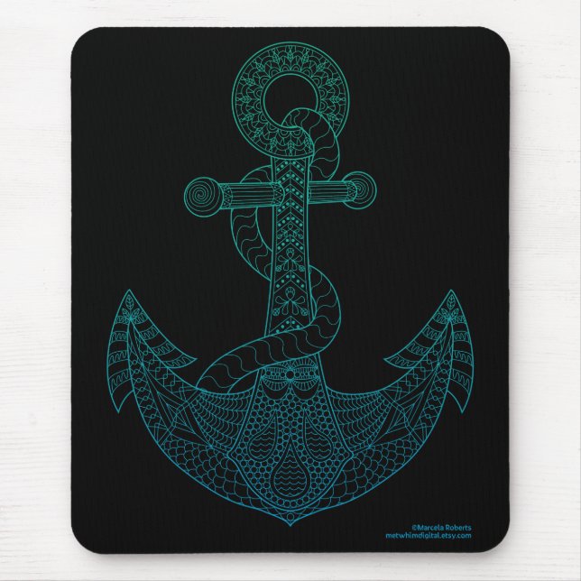 Anchor Nautical Art Outline Sea Blue Ombre Black Mouse Pad (Front)