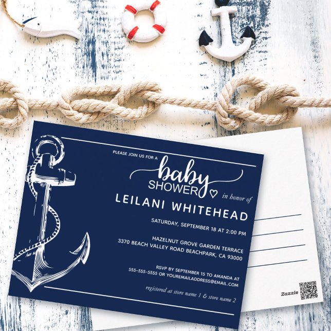 Anchor Nautical Baby Shower Invite Navy Postcard (Creator Uploaded)